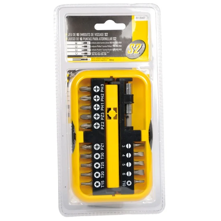 Jeu de 16 embouts de vissage Qualité S2 + Porte embout-magnétique et Support