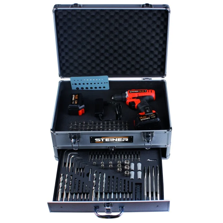 Perceuse sans fil 14,4V 1,3Ah Li-ion + malette 160 pièces alu