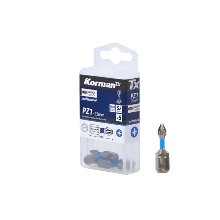 Jeu de 5 Embouts Pozidriv Impact Torsion PZ1 25mm KORMAN TX
