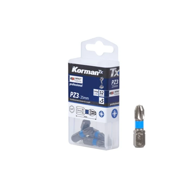 Jeu de 5 Embouts Pozidriv Impact Torsion PZ3 25mm KORMAN TX