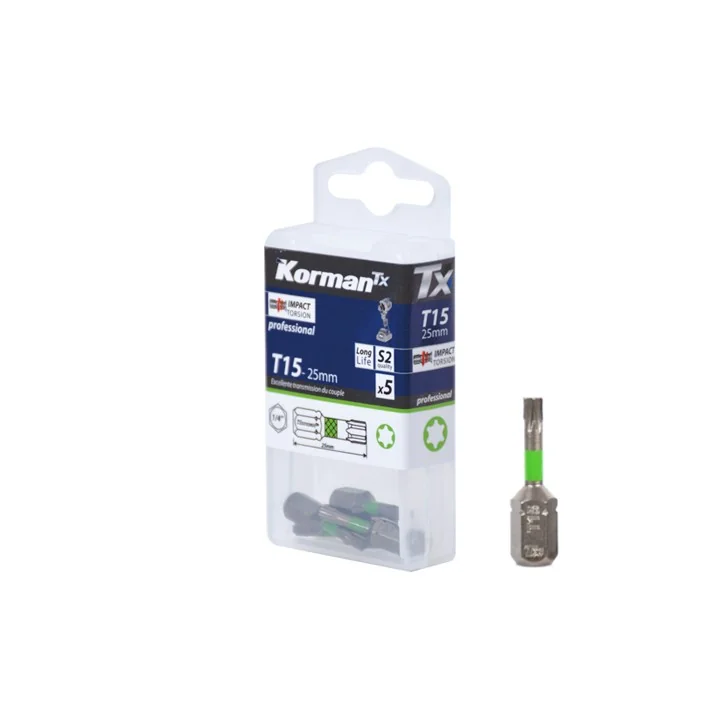 Jeu de 5 Embouts Torx Impact Torsion T15 25mm KORMAN TX