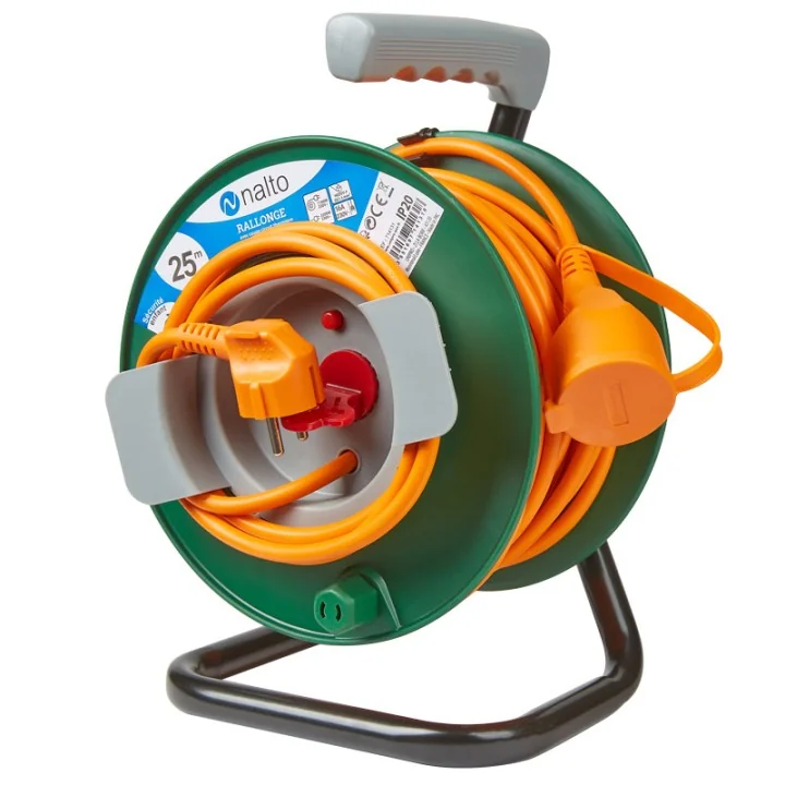 Enrouleur Jardin 25m Câble Orange 3G 1,5mm2 Avec Disjoncteur Thermique Avec Clapet Protection NALTO