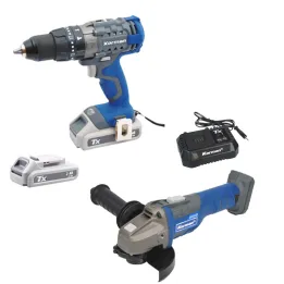 Perceuse-Visseuse Percussion + 1 Meuleuse 125mm Brushless + 2 Batteries 18V 2Ah Li-ion + 1 Chargeur Intelligent 2A KORMAN