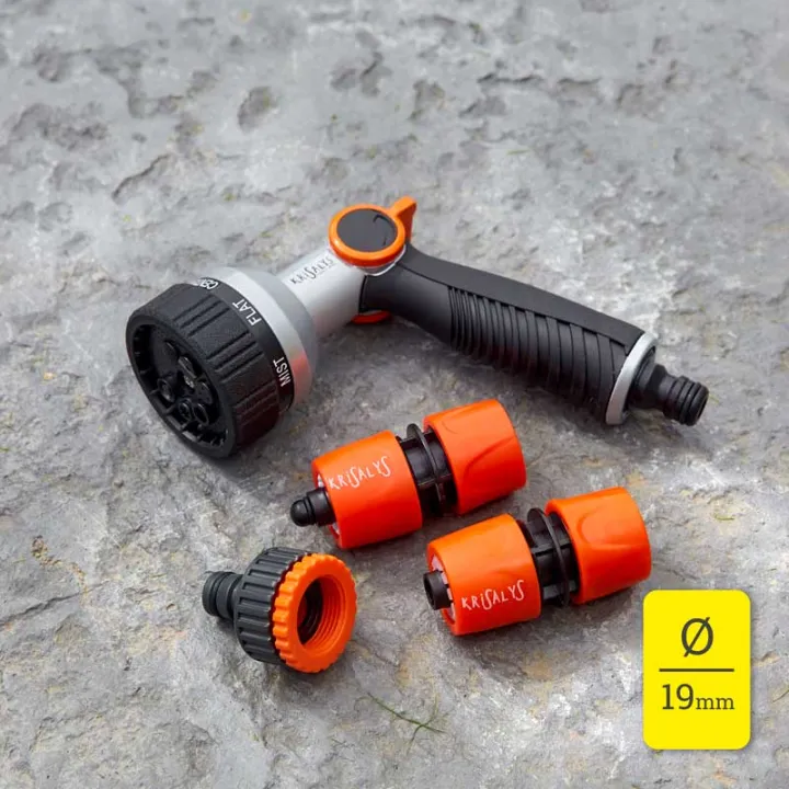 Kit Arrosage : Pistolet 7 jets + 2xRaccords Rapides 19mm + 1x Nez de Robinet KRISALYS