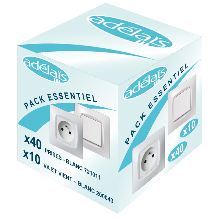 Pack Démarrage Blanc ADELAIS : 40 prises + 10 Va-et-vient (produits complets avec plaques)