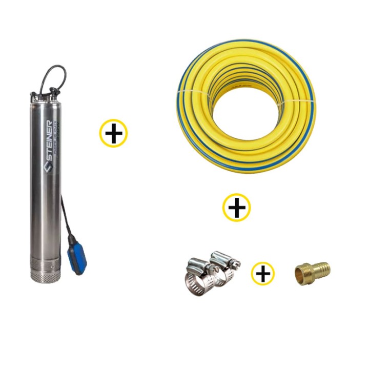 Pack Pompe immergée de Puit Inox 370W + Kit d'Aspiration 7m Ø25mm + Tuyau d’arrosage Ø19mm 25m + Raccord et collier