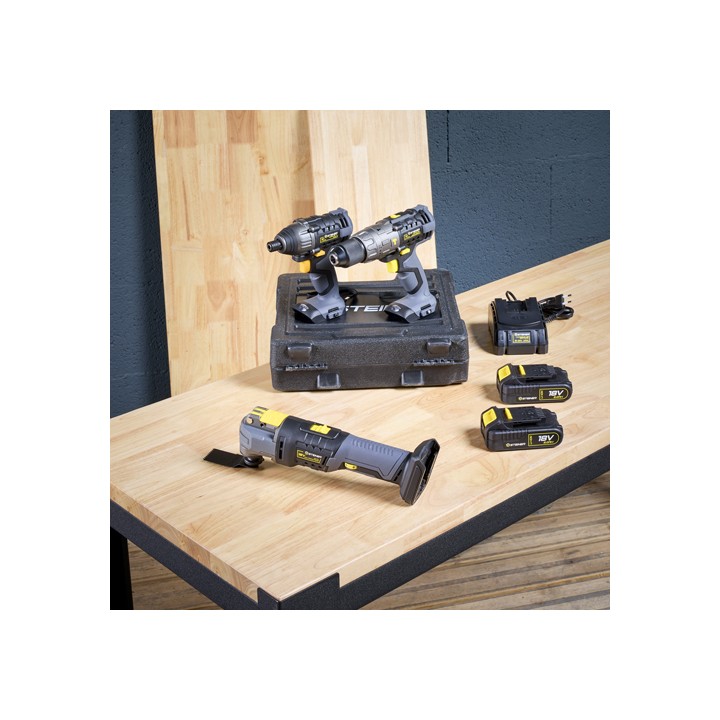 Pack sans fil 18V Perceuse à percussion + Visseuse à choc + Outil multifonction + 2 Batteries + 1 chargeur STEINER