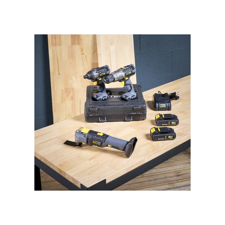 Pack sans fil 18V Perceuse à percussion + Visseuse à choc + Outil multifonction + 2 Batteries + 1 chargeur STEINER