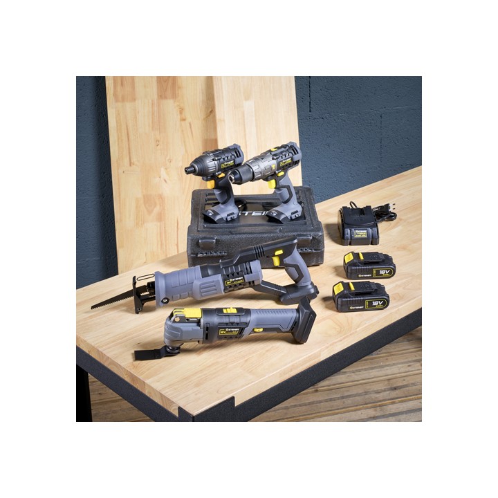 Pack sans fil 18V Perceuse à percussion + Visseuse à choc + Scie sabre + Outil multifonction + 2 Batteries + 1 chargeur STEINER