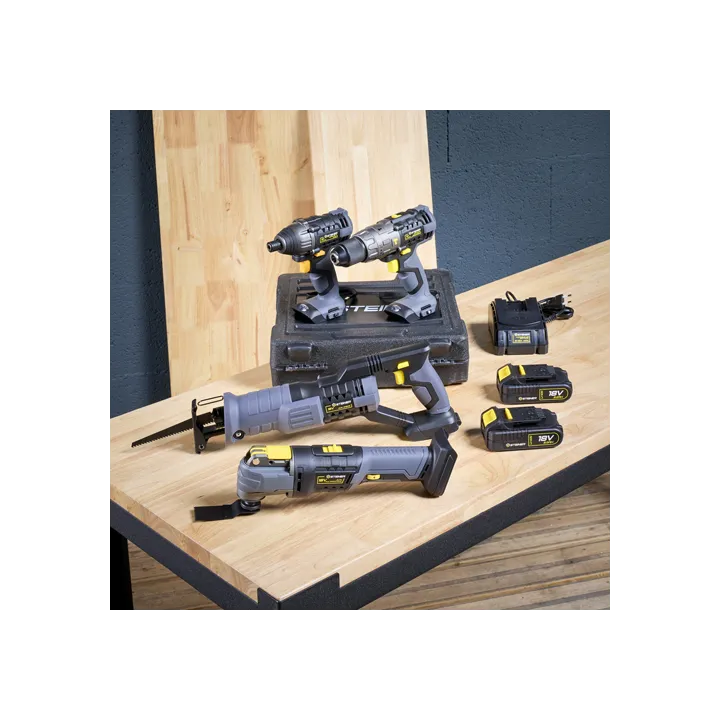 Pack sans fil 18V Perceuse à percussion + Visseuse à choc + Scie sabre + Outil multifonction + 2 Batteries + 1 chargeur STEINER