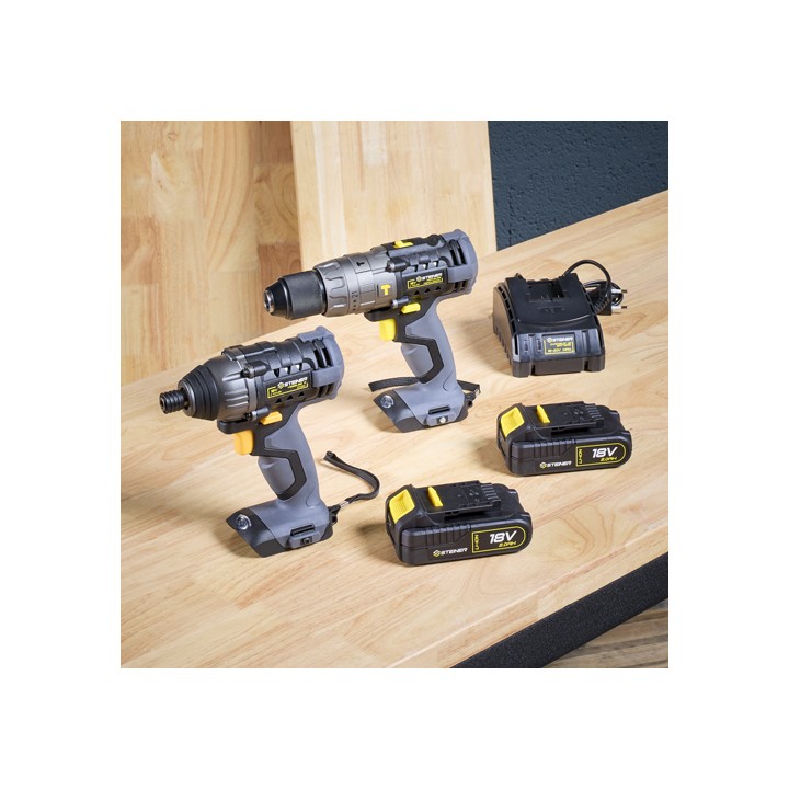 Pack sans fil 18V Perceuse à percussion + Visseuse à choc + 2 Batteries + 1 chargeur STEINER
