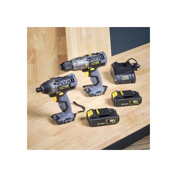 Pack sans fil 18V Perceuse à percussion + Visseuse à choc + 2 Batteries + 1 chargeur STEINER