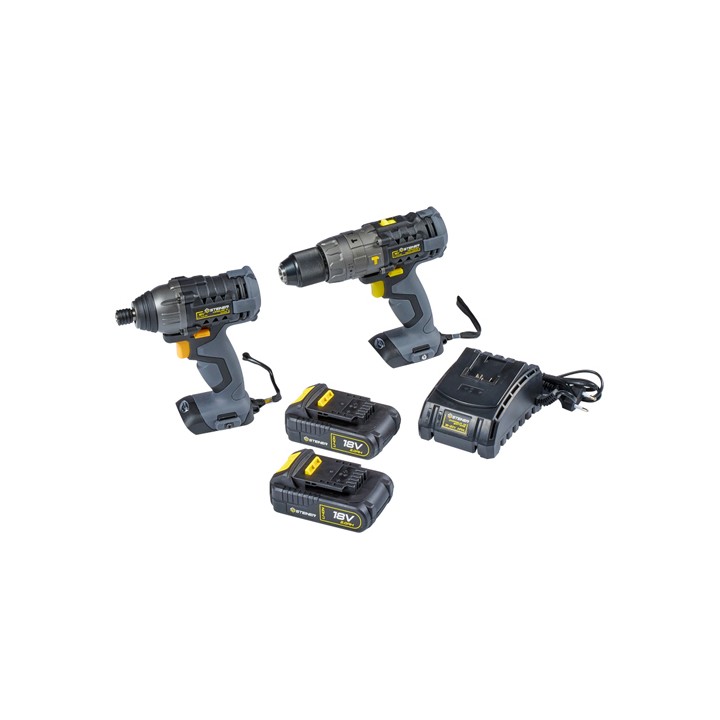 Pack sans fil 18V Perceuse à percussion + Visseuse à choc + 2 Batteries + 1 chargeur STEINER