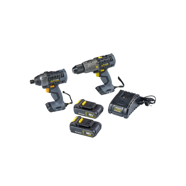 Pack sans fil 18V Perceuse à percussion + Visseuse à choc + 2 Batteries + 1 chargeur STEINER