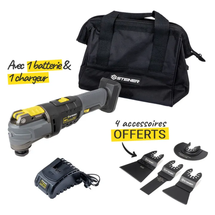 Pack sans fil 18V Outil multifonction + 1 Batterie + 1 Chargeur STEINER + 4 accessoires
