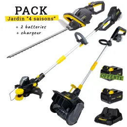 Pack Jardin Sans Fil 4 Saisons : Coupe Bordure + Taille Haie + Fraise à Neige + 2 Batteries + Chargeur