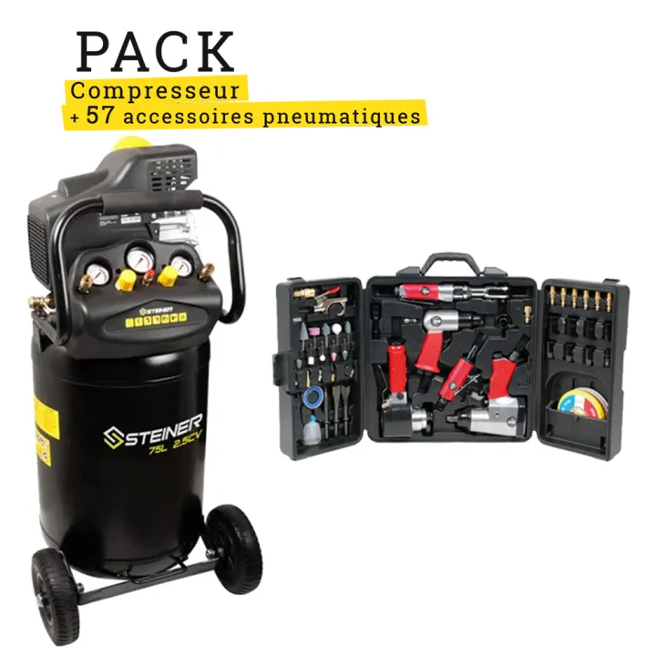 Pack Compresseur Vertical 75L 2.5CV + Mallette Pneumatique 57 Pièces STEINER