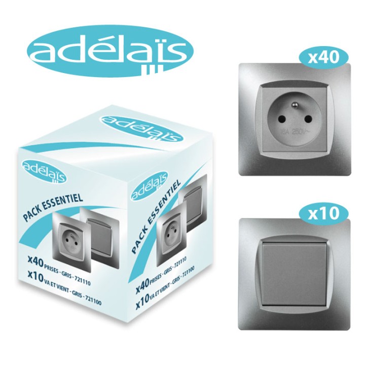 Pack Démarrage Gris ADELAIS : 40 prises + 10 Va-et-Vient + Plaques