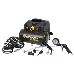 Compresseur portable 6L 1.6CV sans huile STEINER + kit pneumatique 12 pièces