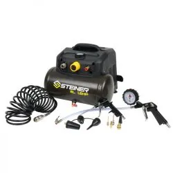 Compresseur portable 6L 1.6CV sans huile STEINER + kit pneumatique 12 pièces