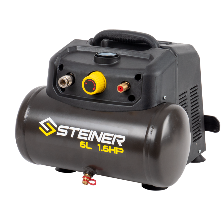 Compresseur portable 6L 1.6CV sans huile STEINER + kit pneumatique 12 pièces