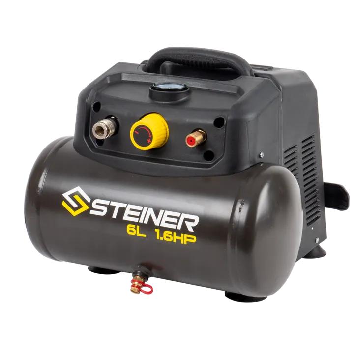 Compresseur portable 6L 1.6CV sans huile STEINER + kit pneumatique 12 pièces