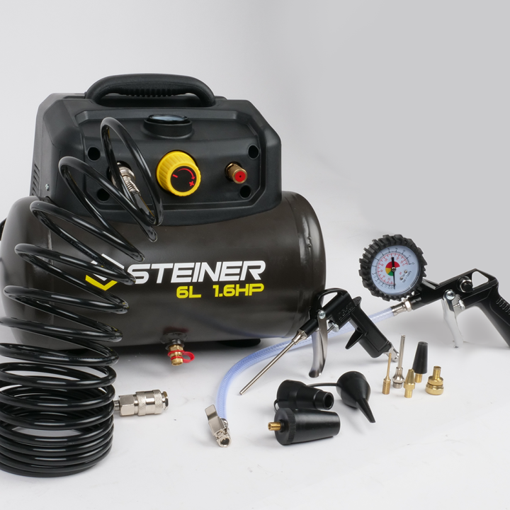 Compresseur portable 6L 1.6CV sans huile STEINER + kit pneumatique 12 pièces