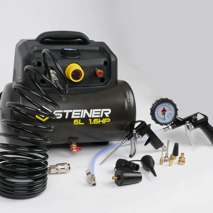 Compresseur portable 6L 1.6CV sans huile STEINER + kit pneumatique 12 pièces