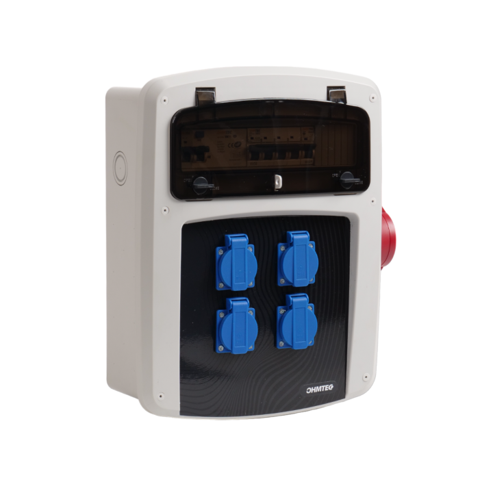 Coffret de chantier avec 4 prises monophasées + 1 Prise Tétrapolaire 16A OHMTEC