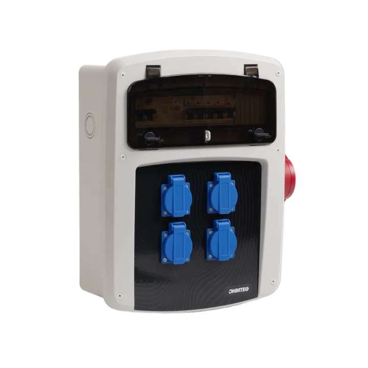 Coffret de chantier avec 4 prises monophasées + 1 Prise Tétrapolaire 16A OHMTEC