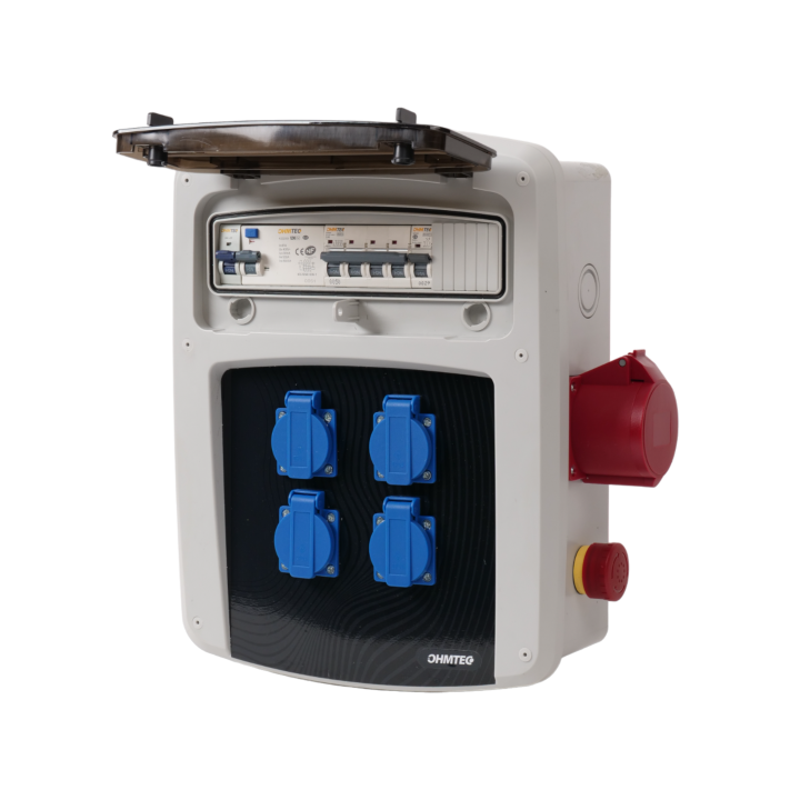 Coffret de chantier avec 4 prises monophasées + 1 Prise Tétrapolaire 16A OHMTEC