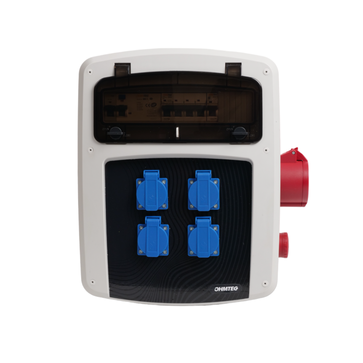 Coffret de chantier avec 4 prises monophasées + 1 Prise Tétrapolaire 32A OHMTEC