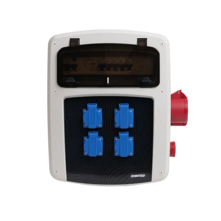 Coffret de chantier avec 4 prises monophasées + 1 Prise Tétrapolaire 32A OHMTEC