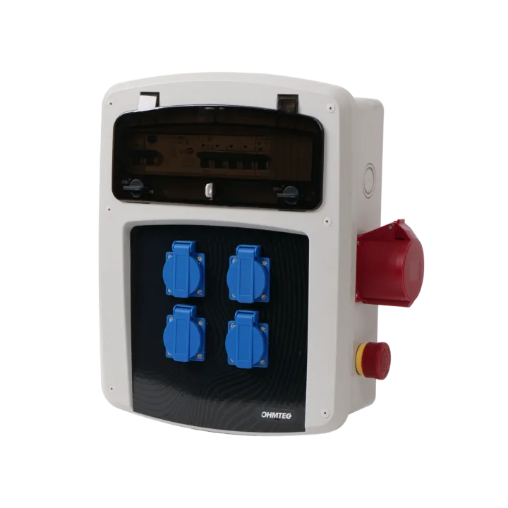 Coffret de chantier avec 4 prises monophasées + 1 Prise Tétrapolaire 32A OHMTEC