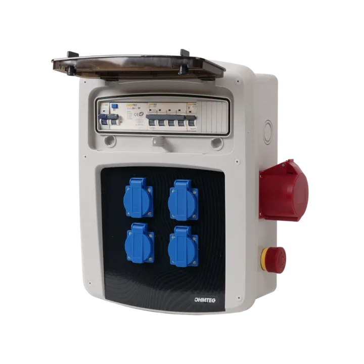 Coffret de chantier avec 4 prises monophasées + 1 Prise Tétrapolaire 32A OHMTEC