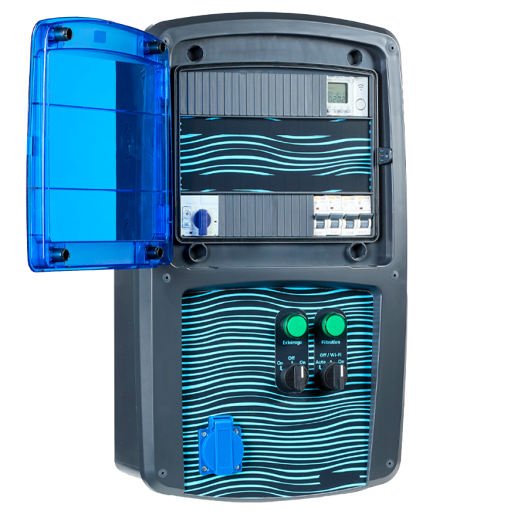 Coffret piscine pour filtration connecté + éclairage + traitement de l'eau + pompe à chaleur NALTO