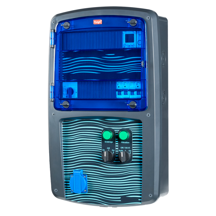Coffret piscine pour filtration connecté + éclairage + traitement de l'eau + pompe à chaleur NALTO