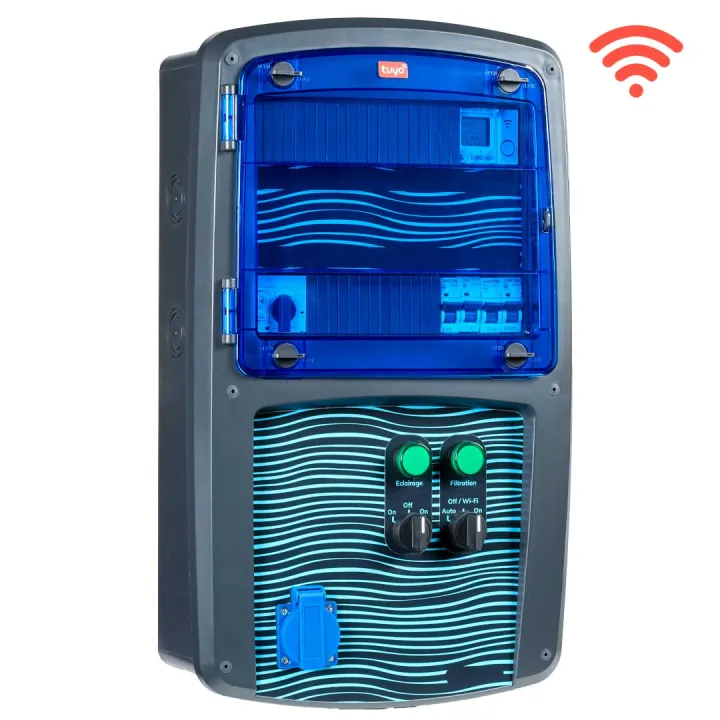 Coffret piscine pour filtration connecté + éclairage + traitement de l'eau + pompe à chaleur NALTO