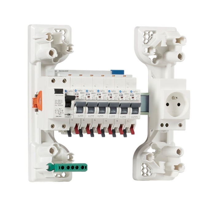 Tableau électrique équipé et câblé NF logement T1 neuf 1 différentiel 63A + 6 disjoncteurs auto 4.5kA + 1 prise 2P+T 16A NALTO
