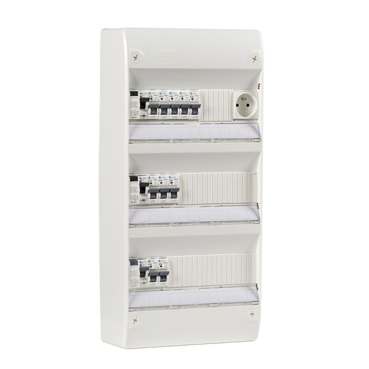 Tableau électrique équipé et câblé NF logement T4 à T5 neuf 3 différentiels + 10 disjoncteurs auto 4.5kA + 1 prise 2P+T 16A NALT