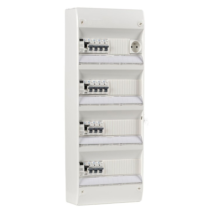 Tableau électrique équipé et câblé NF logement T5 et plus neuf 4 différentiels + 14 disjoncteurs auto 4.5kA + 1 prise 2P+T 16A N