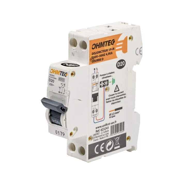 Disjoncteur à vis 4.5kA/6kA 1P+N 20A - courbe D - NF OHMTEC