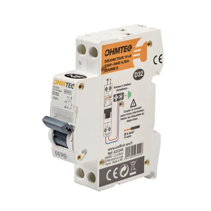 Disjoncteur à vis 4.5kA/6kA 1P+N 32A - courbe D - NF OHMTEC