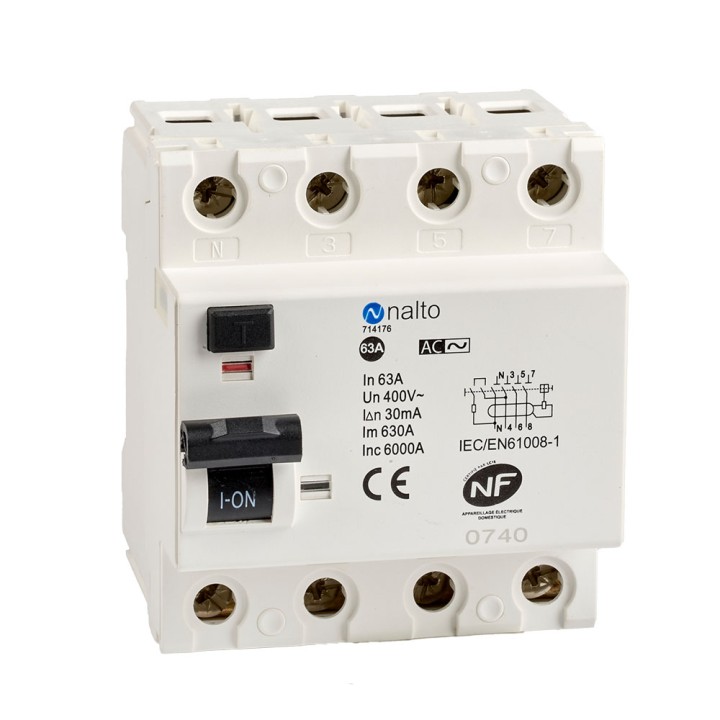 Interrupteur différentieltétrapolaire 63A type AC - 30 mA - 400V~