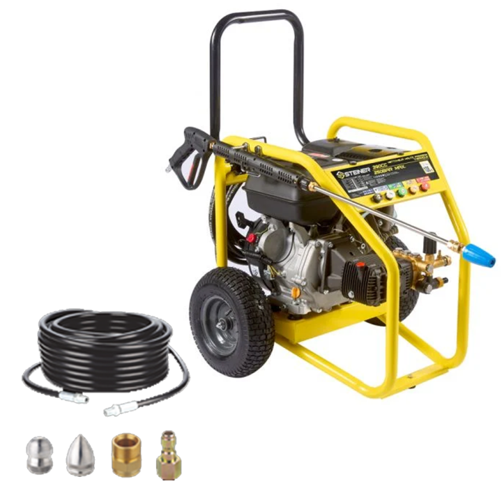 Pack nettoyeur haute-pression thermique 390cc 250 bar + déboucheur canalisation 20m STEINER