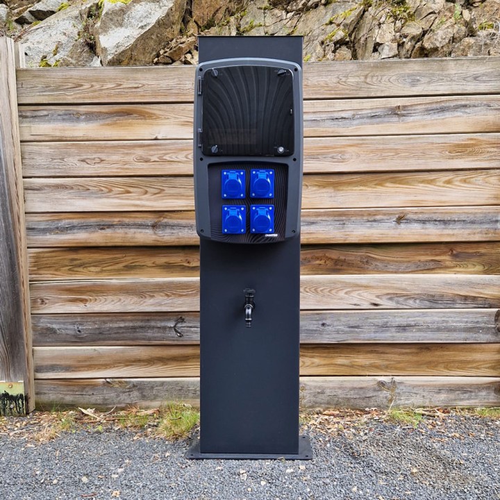 Borne de camping 4 prises CEE 10A avec protection et robinet OHMTEC
