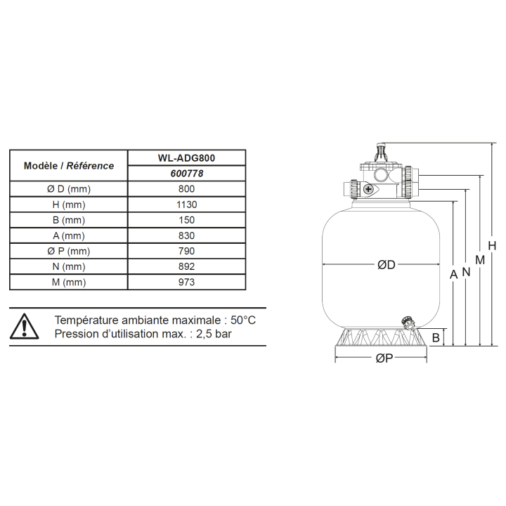 Filtre à sable Ø800mm 25m³/h vanne 2" Top 6 voies STEINER