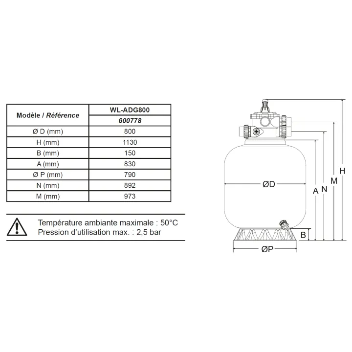 Filtre à sable Ø800mm 25m³/h vanne 2" Top 6 voies STEINER