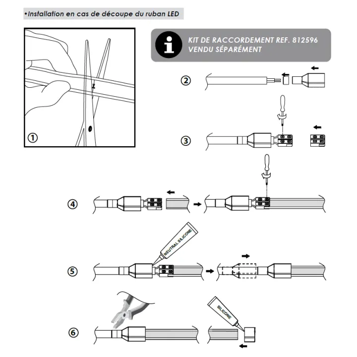 Kit de raccordement pour Ruban Led COB 230V IP65 12mm réf 812593 et réf 812594