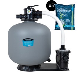 Groupe de filtration 1.5CV 22m³/h Ø635mm vanne Top 6 voies + Verre filtrant 0,5-1,0mm 5x25 Kg